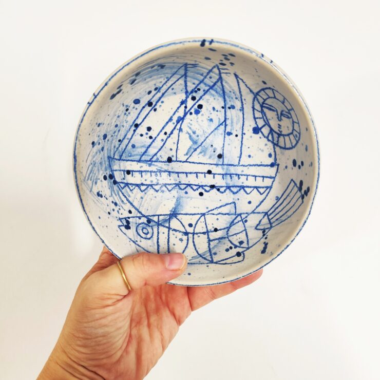 Sailing ship and fish, Stoneware bowl, Medium size